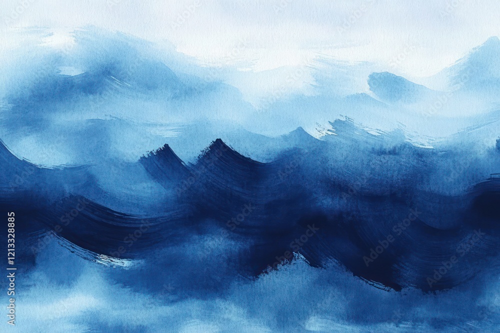 Poster deep blue watercolor background with smooth gradients and brush strokes in a dreamy artistic style