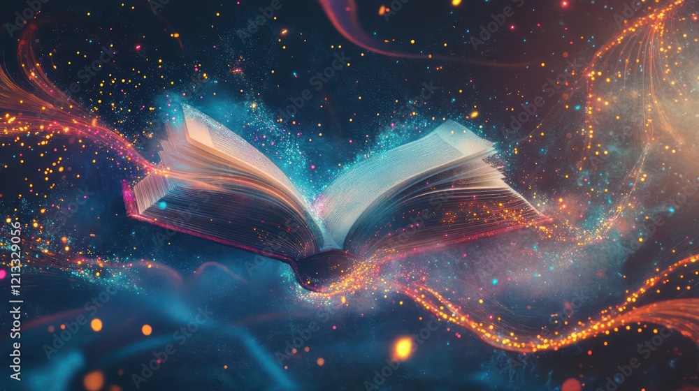 Aufkleber an open book with ethereal light trails and bokeh effect, suggesting magic and knowledge in a cosmic