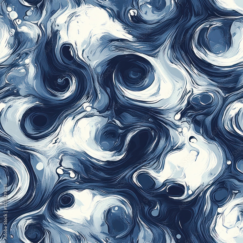 Poster abstract seamless pattern with swirling shapes in bold brush strokes and deep navy and bright white 