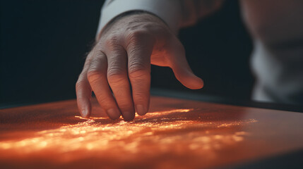A digital projection of fluctuating market values, with a hand adjusting the settings on a financial app.


