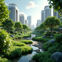 Fototapeta premium A serene cityscape with a tranquil river flowing through it