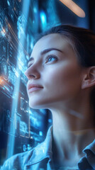Woman Focused on Glowing Data Interface