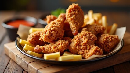 Crispy fried chicken and fries on a plate
