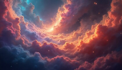 A breathtaking display of vibrant cosmic clouds swirls in a celestial dance, illuminated by ethereal light. The rich hues of orange, pink, and blue create a mesmerizing atmosphere, evoking a sense of