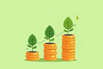 Growth of Financial Investment: Conceptual Illustration of Coin Stacks Rising with Green Leaves to Represent Economic and Environmental Progress