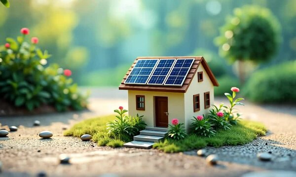 Miniature House Model with Solar Panel Displayed as Clean Energy and Sustainable Living Concept