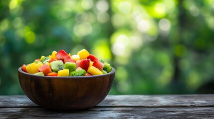 Naklejka premium Fresh fruit salad in a wooden bowl outdoors