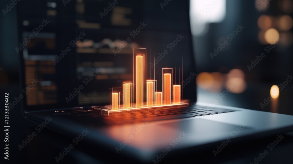 Poster Dynamic Visualization of Data Trends with a Laptop Displaying Bright Bar Graphs on a Dark Background in a Modern Workspace Environment