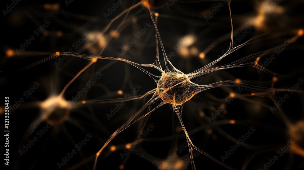 Poster Intricate Visualization of Neurons Highlighting Connections and Activity within the Nervous System in a Dark Background with Glowing Highlights