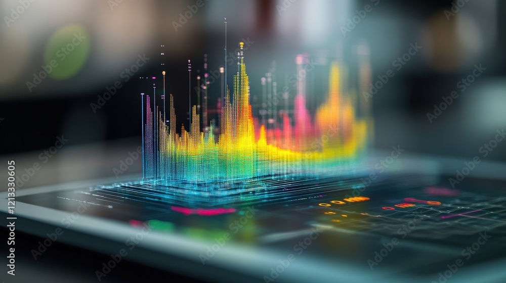 Aufkleber Colorful Digital Sound Wave Visualization on a Tablet Displaying Data Analytics and Statistics in a Modern Tech Environment