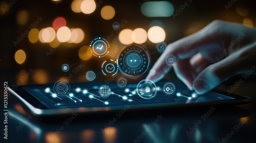 Poster Close-Up of a Hand Interacting with a Digital Tablet Displaying Data Visualizations and Futuristic Icons in a Dimly Lit Environment