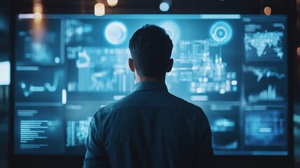Professional analyzing data on a futuristic dashboard with vibrant visuals and statistics in a high-tech environment, making informed business decisions and strategies.