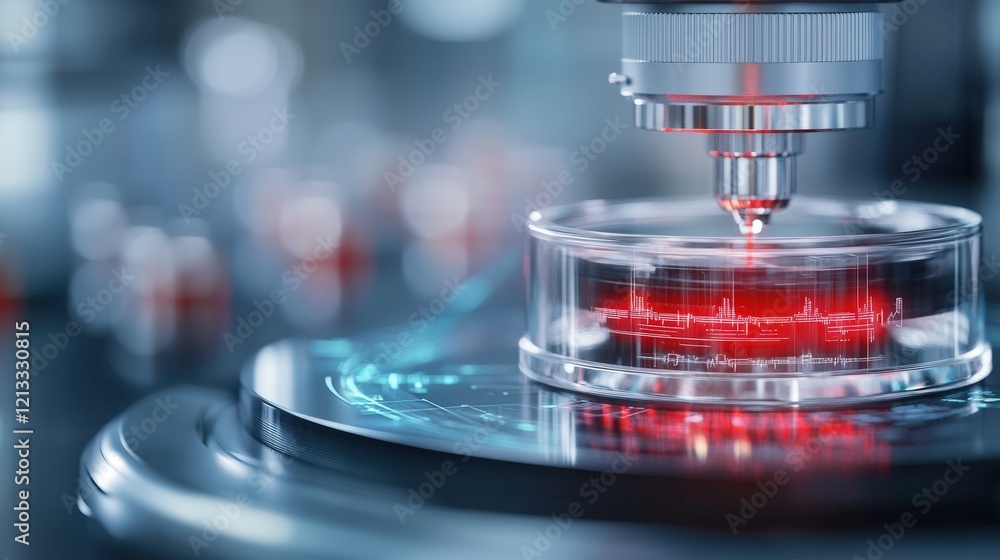 Poster Advanced Microscopy Equipment Analyzing Biological Sample with Red Data Visualization and Futuristic Display for Scientific Research and Laboratory Use