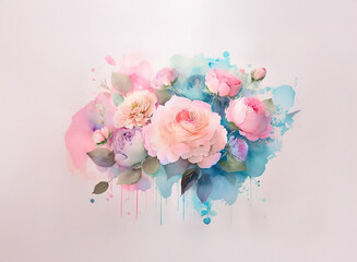 A delicate watercolor painting of pastel roses and buds, set against a soft, light background with paint splatters.  The blooms are rendered with soft, blended colors and subtle details.