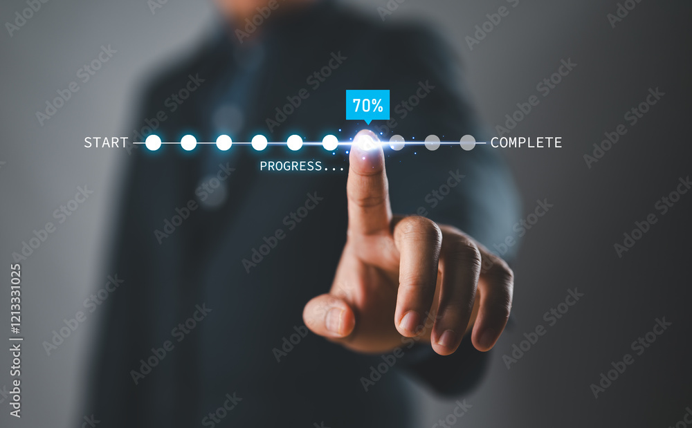 Poster interactive progress tracking. businessman hand touching digital progress bar to monitor goal achiev