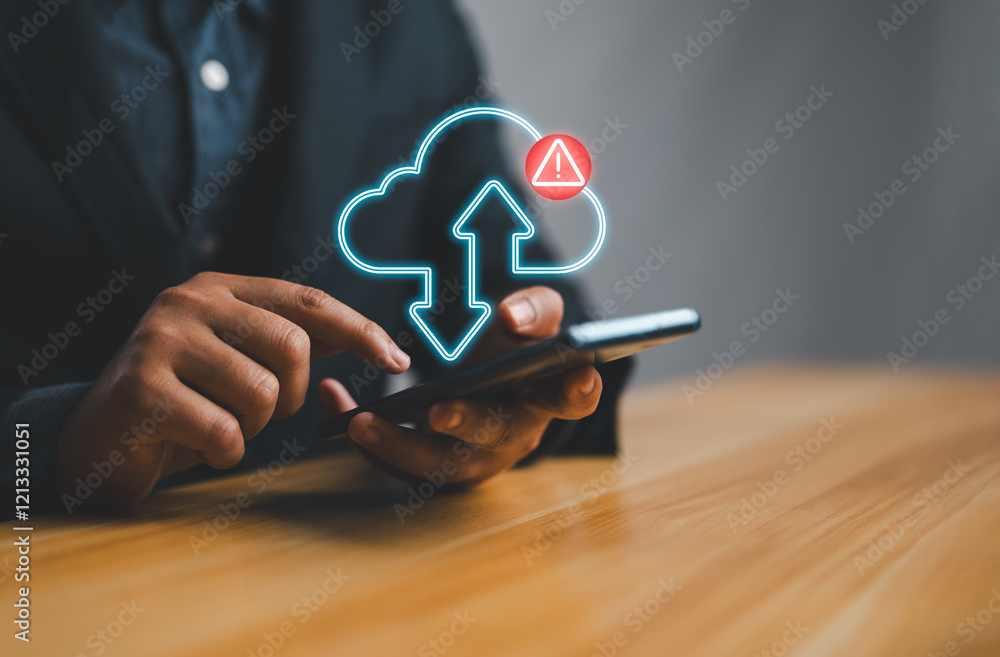 Poster Hand with Mobile Cloud Data Alert Notification on Handheld Device, Showcasing Security Management, Cyber Risk Prevention, and Digital Connectivity for Real Time Protection in Business Operations.