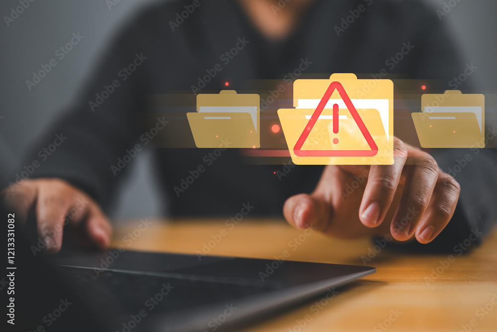 Poster Cybersecurity alert with digital file folder. hand interacting with a cybersecurity alert symbol. virus, spyware, malicious software, malware, or cyberattacks on computer networks.