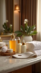 A serene bathroom scene, with a collection of spa products and a plush white towel