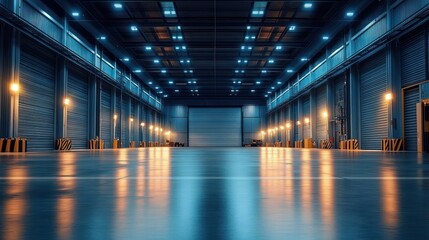 Futuristic Industrial Warehouse Interior with Dramatic Blue Lighting and Sleek Metallic Surfaces