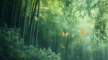 Obraz premium Serene Bamboo Forest with Golden Butterflies A Tranquil Nature Scene