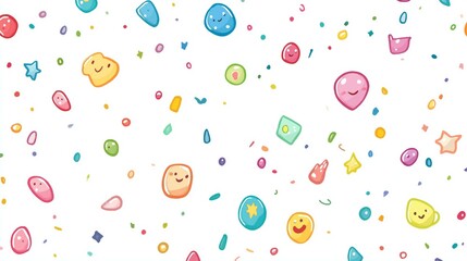 Colorful cartoon emojis on white background with smiling faces and shapes