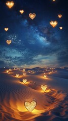 Luminous Hearts in a Desert Nightscape A Romantic and Magical Scene