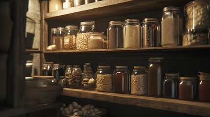 Naklejka premium A pantry in the basement filled with glass jars of preserves, dried beans, and grains, organized on rustic wooden shelves under soft lighting