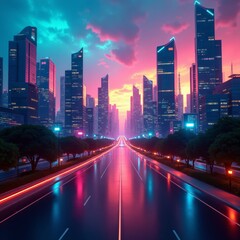 Obraz premium A futuristic cityscape with towering skyscrapers and a vibrant, neon-lit street