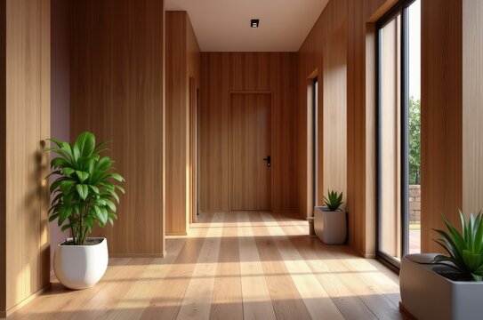 Modern interior design with wooden walls and plants