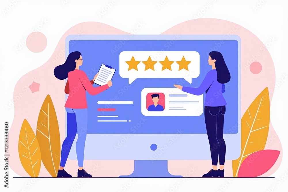 Poster digital interaction between two women analyzing user reviews on a computer screen with a five-star r