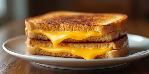 Grilled cheese sandwich on white bread, with melted cheese oozing out
