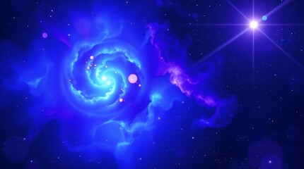 Fototapeta premium A beautiful space with a blue nebula in realistic vector format, deep ultraviolet hues, bright lens flare, light streaks, vibrant colors, vivid purples, high contrast