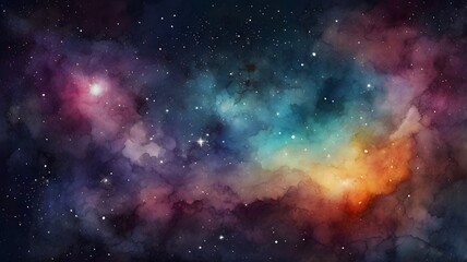 Fototapeta premium Vector cosmic watercolor illustration. Colorful space background with stars.