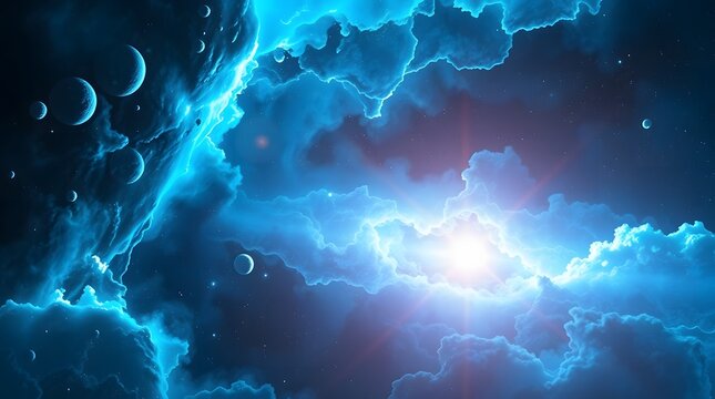 A majestic, epic scene of a blue nebula in space, rendered in realistic vector art with electric vivid colors, showcasing heroic elements and intense lens glow lighting, presented in a massive sca