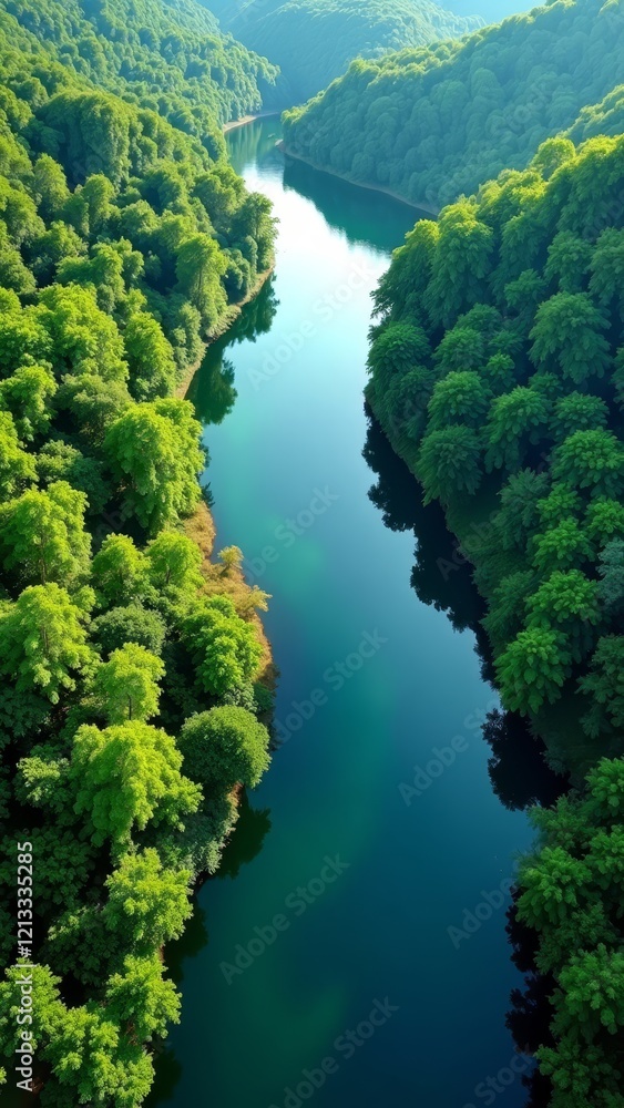 Poster A serene and peaceful river flows through a lush forest