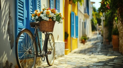 Close-up of a vintage bicycle parked against a colorful wall with a basket full of fresh flowers on a sunny street in Argostoli