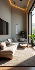 Modern living room with beige couch and natural light