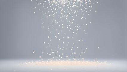 Abstract background with falling white spheres and gold glitter on a gray surface.