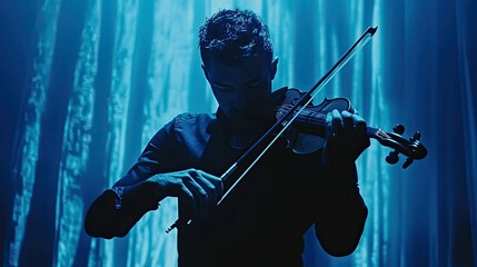 Fototapeta premium Elegant Violinist Performing Under Moody Blue Stage Lights