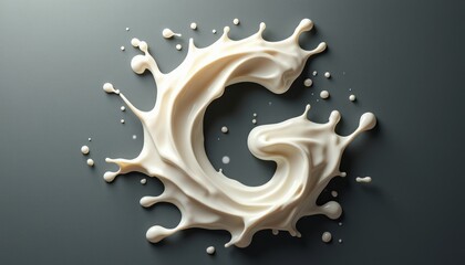 This captivating image showcases a dynamic splash of creamy milk, artistically shaped into the letter G against a sleek gray background. The fluid motion and glossy texture evoke a sense of freshness