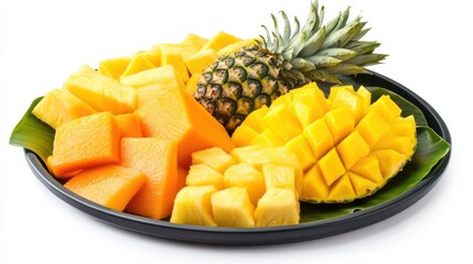 A refreshing fruit platter with slices of juicy pineapple, mango, and papaya