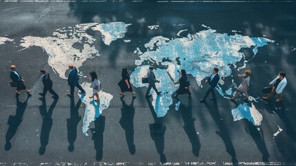 Businessman concept walking in line across world map drawn on asphalt.