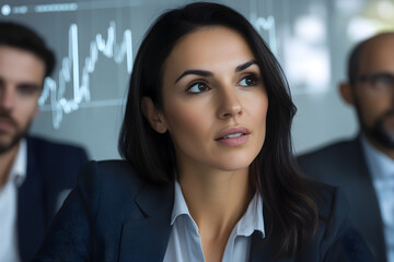 A businesswoman reviewing financial strategies with a group of consultants, with digital graphs floating around them.
