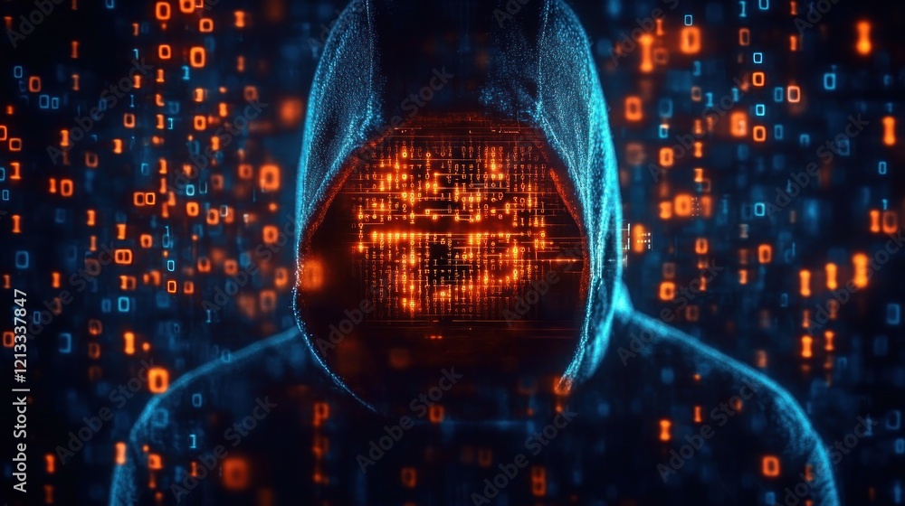 Poster Futuristic Hacker in Cloak with Neon Lights Illustrating Cybercrime and Digital Security Concept