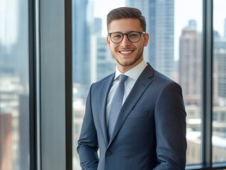 Fototapeta premium Young Lawyer in Modern Office with City Skyline View