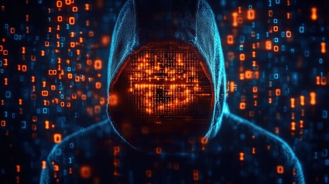 Futuristic Hacker in Cloak with Neon Lights Illustrating Cybercrime and Digital Security Concept
