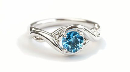 A beautiful silver ring featuring a sparkling blue gemstone, perfect for special occasions or everyday elegance. white background. Silver Cascade. Illustration