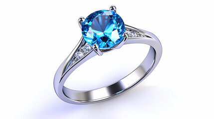 A beautiful silver ring featuring a sparkling blue gemstone, perfect for special occasions or everyday elegance. white background. Silver Cascade. Illustration