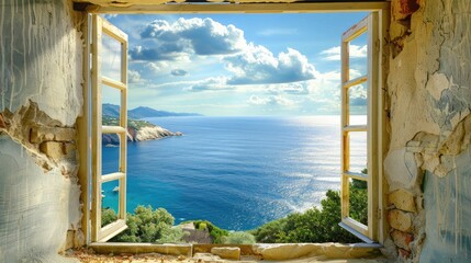 The concept of opening windows with views of the sea and coast.