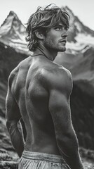 Muscular Man Contemplating Majestic Mountain Peaks